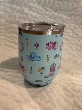 Katydid Pastel Blue Cowboy Boot & Rainbow Pattern 12 oz Insulated Wine Tumbler